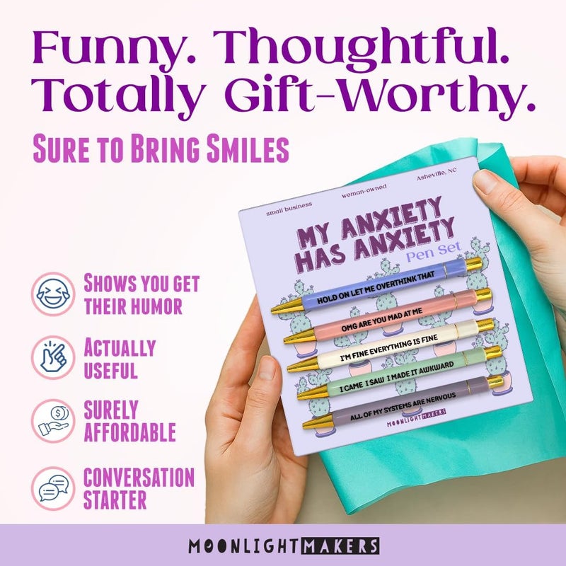 Moonlight Makers My Anxiety Has Anxiety Pen Set - 5 Pack of Funny Ballpoint Pens with Sarcastic Quotes - Image 3